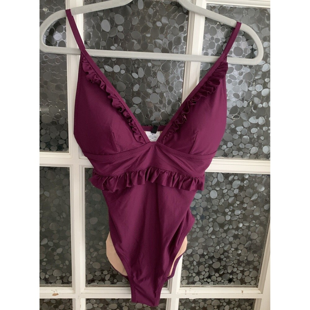 J Crew Swimsuit One Piece Deep V Neck Ruffle Sz 8 Plum Iris